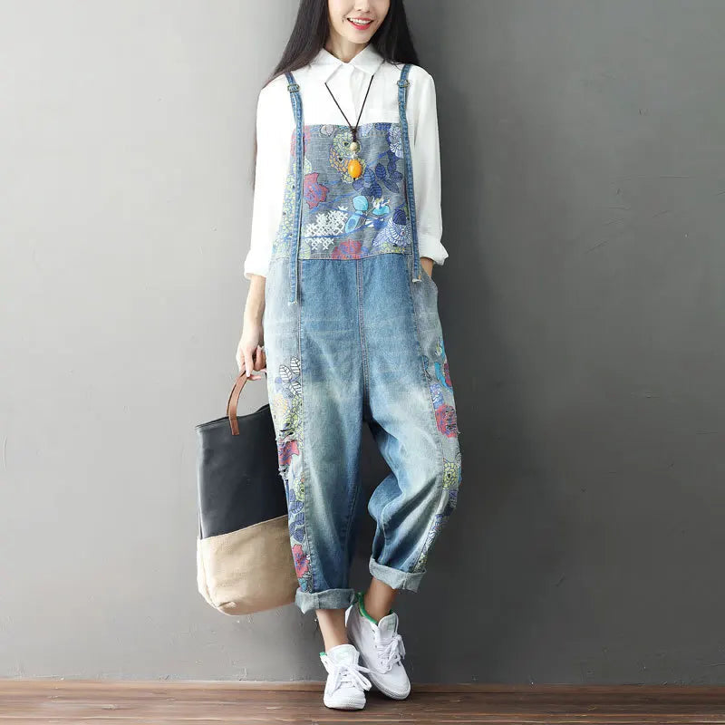 Overalls Women Suspenders Sling Jumpsuits Denim One Piece Wide Leg Long Pants High Waist Rompers Y2k Streetwear Print Floral Aviola
