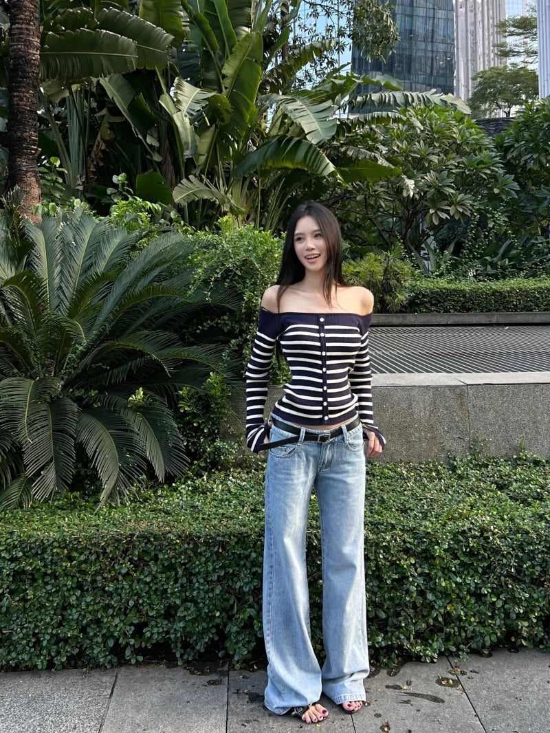 MEXZT Vintage Striped Sweater Women Sexy Cropped Slash Neck Knitted Pullovers Streetwear Korean Knitwears Winter Ladies Jumpers Aviola