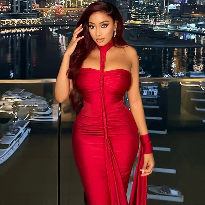 Nibber Elegant Halter Maxi Dress Women Backless Skinny Solid Hand Strap Hem Summer Trend Sexy Vacation Birthday Party Vestidos Aviola