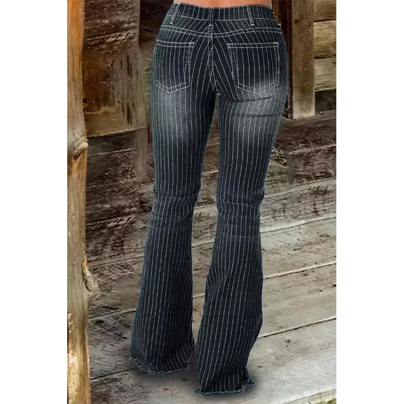 Stripe Jeans Women Mid Waist Flare Pants Ladies Trousers Female Casual Slim 2025 Summer Button High Strecth Elegant Office Lady Aviola