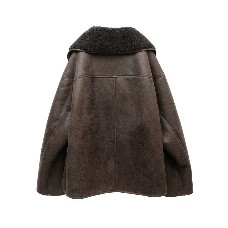 RARF 2025 Women's new thick jacket Vintage lapel leather jacket single breasted pocket street warm jacket Aviola