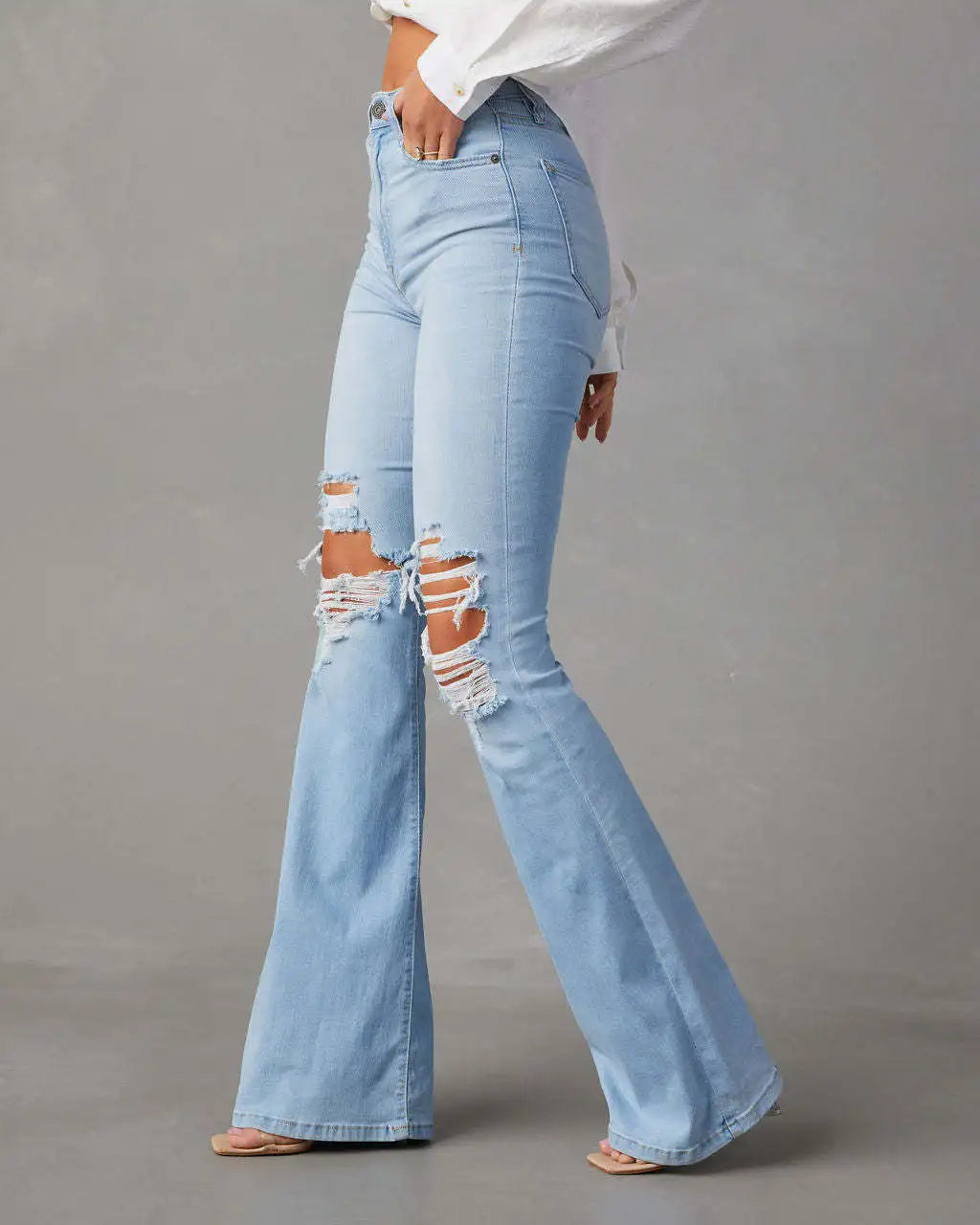 Women Denim Flare Pants Streetwear Jeans Loose Fit High Waist Pockets Holes Ankle Length Solid Color Spring 2024 Zipper Fly Aviola