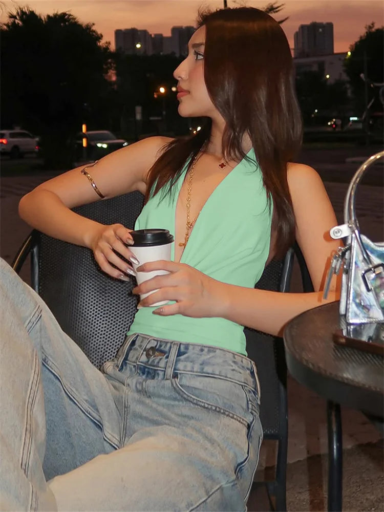 Nibber Swing Collar Vests Women Backless Halter Folds Skinny Street Versatile Daily Fashion Sexy Summer Temperament Mini Tops Aviola