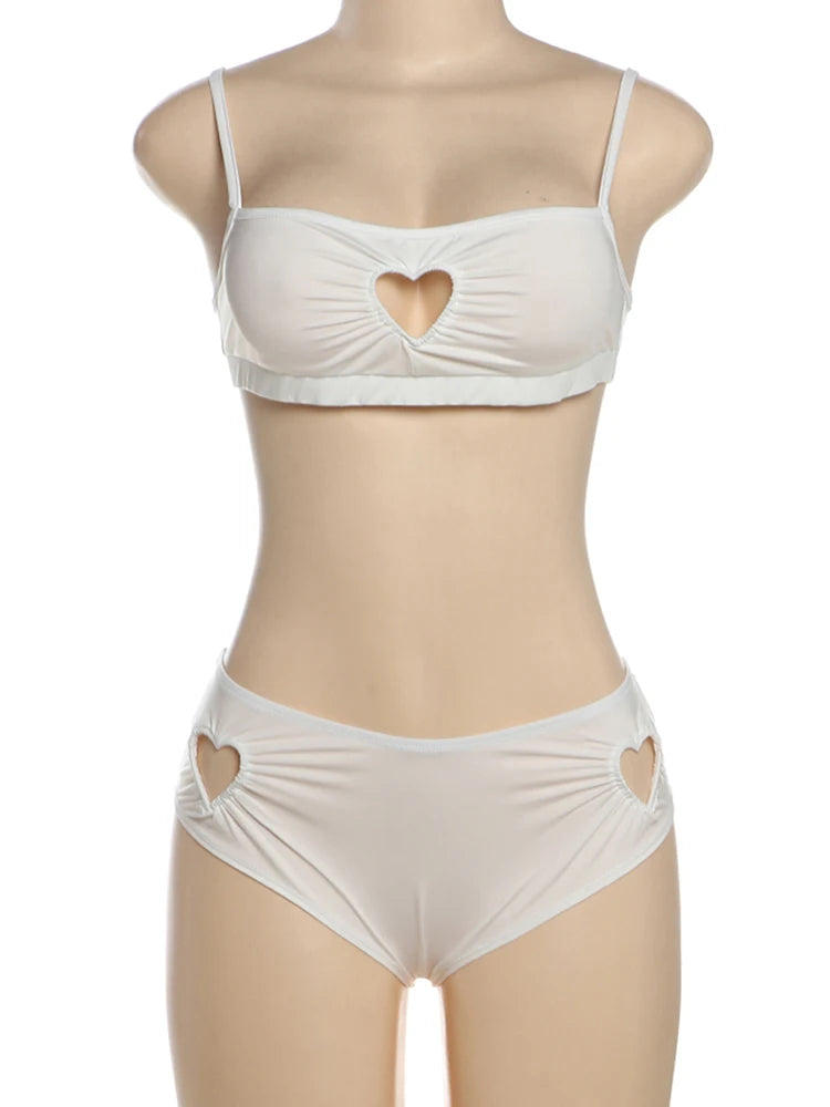 Nibber Sexy Heart Hollow 2 Piece Set Women Simple Vacation Camisole+Panties Beach Style Matching Stretch Street Comfortable Suit Aviola