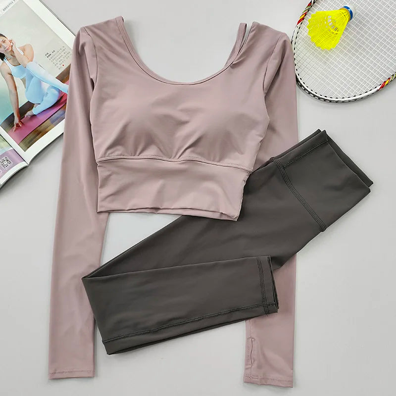 2pcs Women Yoga Set Sport Suit Gymwear Workout Clothes Long Sleeve Gym Crop Top High Waist Leggings Fitness Sports Set Yoga Wear Aviola