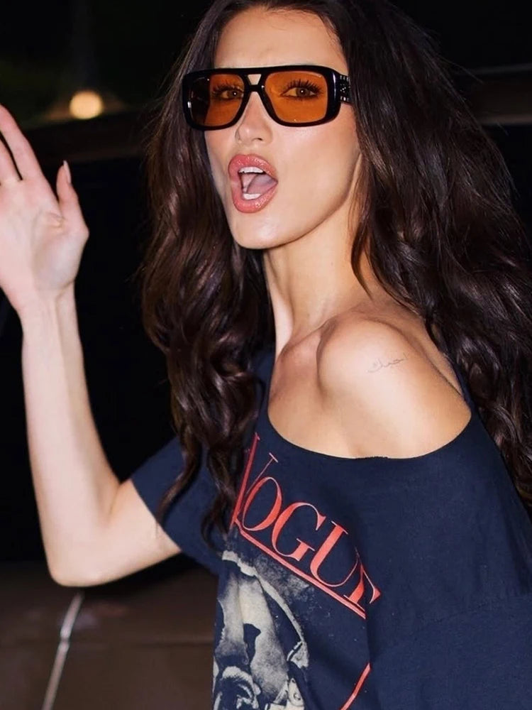Nibber Print Long t-Shirt Women Wide Collar Hip-Hop Style High Street Leisure Hottie Elasticity Summer Trend Sporty Daily Tops Aviola