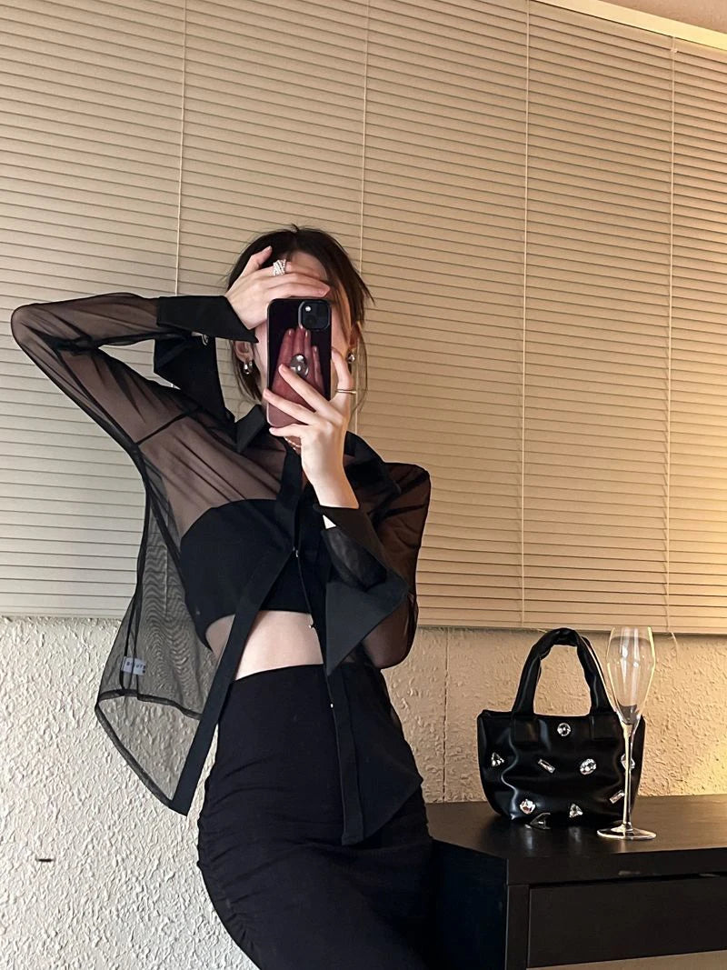 MEXZT Y2K Mesh Sheer Shirts Women Sexy Black See Through Blouses Summer Korean Fashion Aesthetic Long Sleeve Slim Chic Tops New Aviola