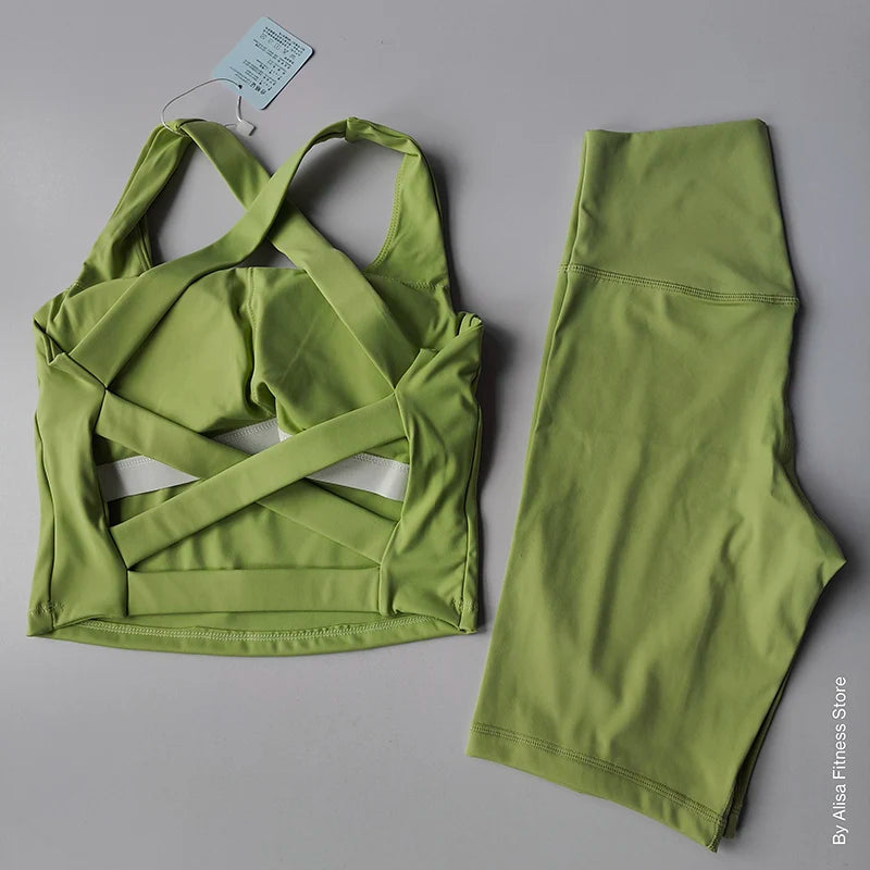 2PCS  Women Yoga Set Workout Sports Bra Set Sportswear Gym Clothing Fitness Long Sleeve Crop Top High Waist Shorts Sports Suits Aviola