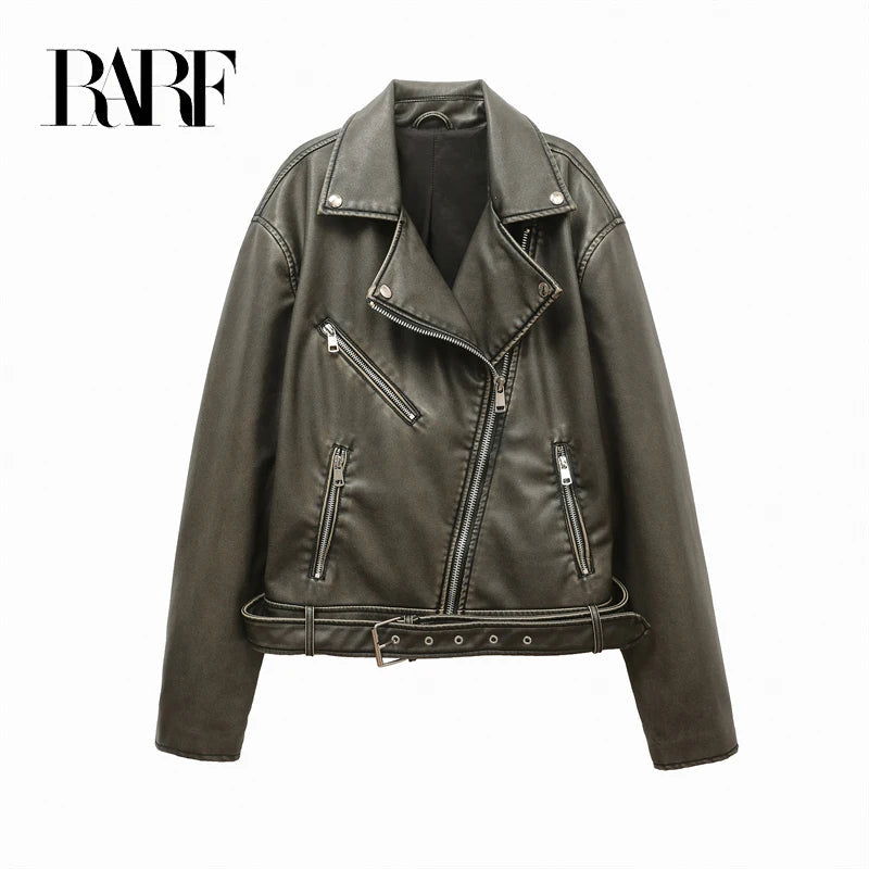 RARF ladies 2024 new vintage do old washed leather imitation leather locomotive type PU jacket women's coat top Aviola