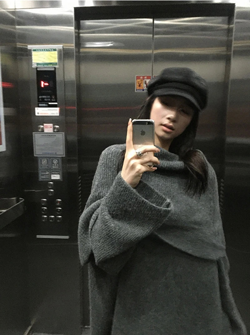 MEXZT Vintage Sweater Women Elegant Patchwork Knitted Pullovers Streetwear Korean Long Sleeve Knitwears Winter Casual Jumpers Aviola