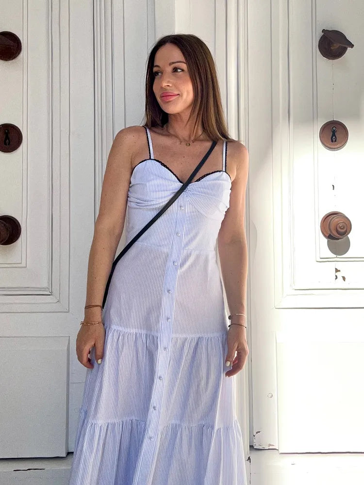 UNIZERA Pleated contrast lace trim striped suspender dress 2025 summer new arrivals women's casual loose midi dress Aviola