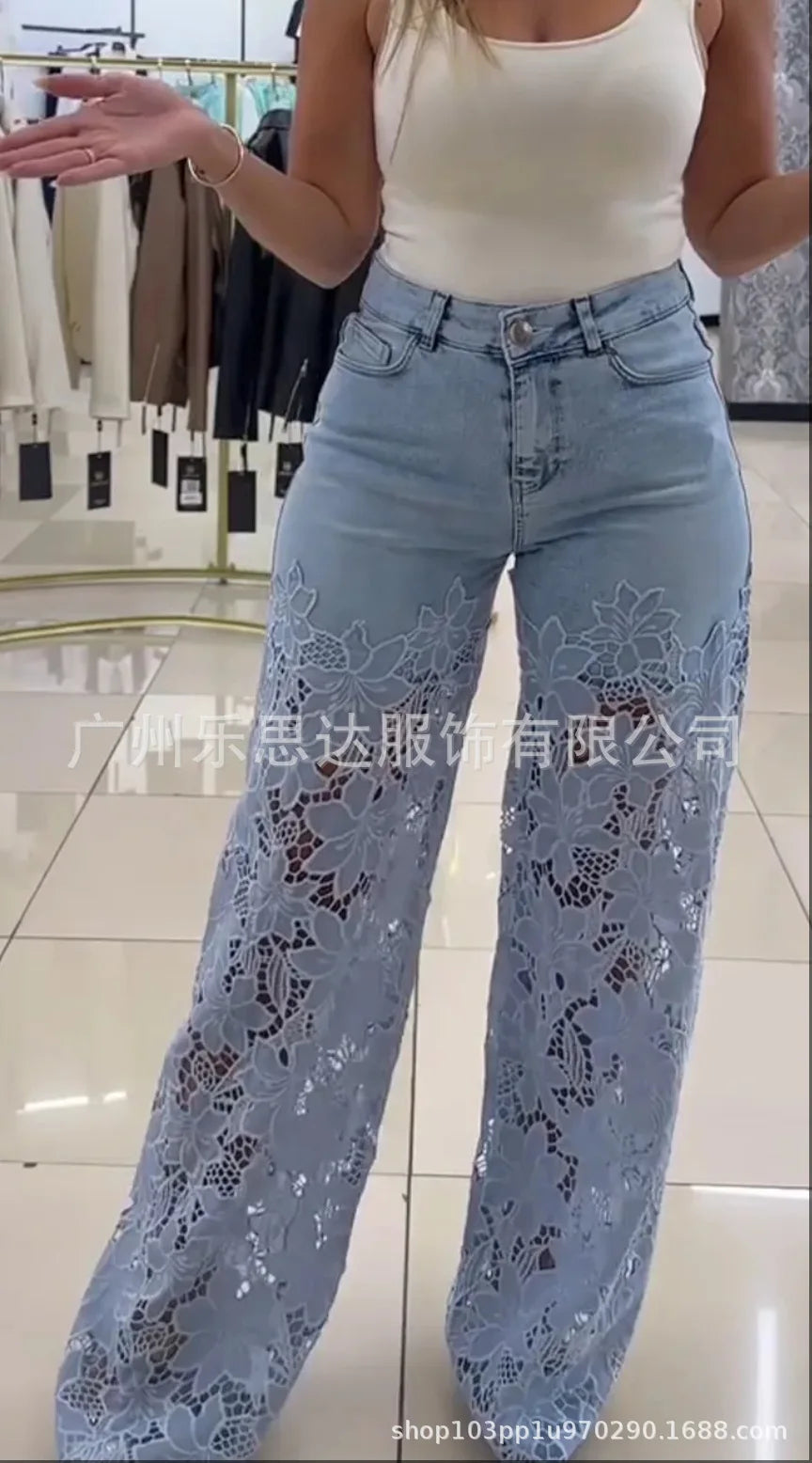 Denim Pant Women Mom Jeans Hollow Out Long Pants Floral Slim High Waist Straight Trousers Y2k Streetwear Elegant Temperament Aviola
