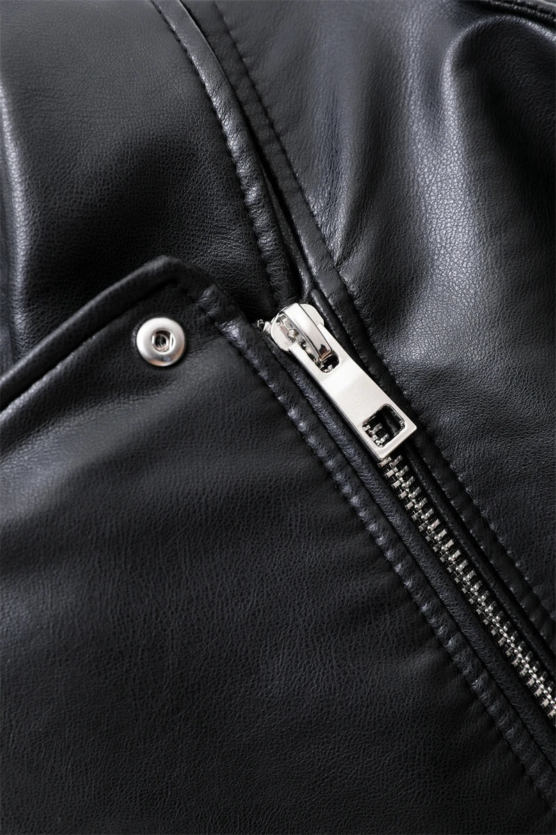 RARF  New 2024 Women's motorcycle leather PU imitation leather loose jacket black jacket Aviola