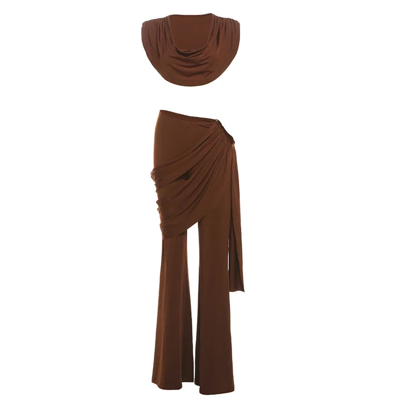 Nibber Pleats Elegant 2 Piece Set Women Sexy Low Neck Sleeveless Crop Tops+Irregular Waist Tassel Straight pants Fashion Suit Aviola