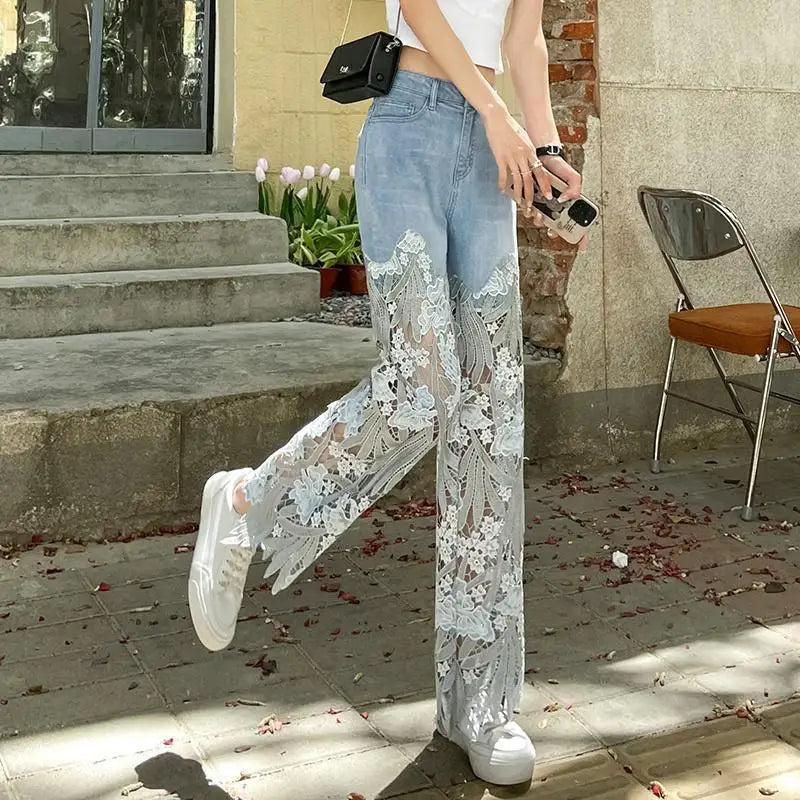 Denim Pant Women Jeans Hollow Out Floral Long Pants Slim Lace High Waist Straight Trousers Y2k Streetwear Splice Mom Party Club Aviola