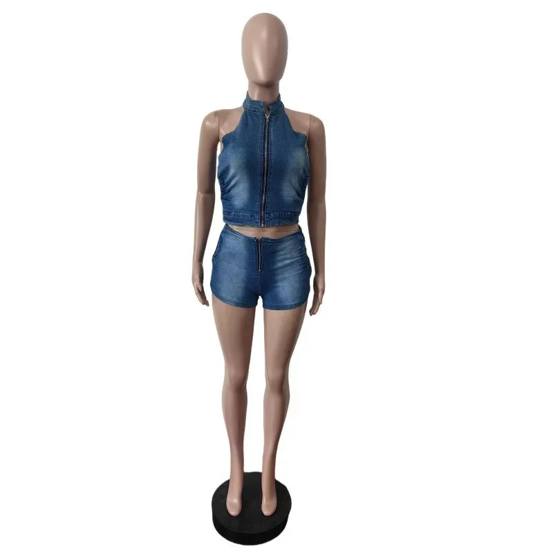 Denim Shorts Women Suit 2 Piece Sets Sexy Vest Top Sleeveless Matching Sets Zipper Fly Jeans Short Pants Outfits Streetwear 2025 Aviola