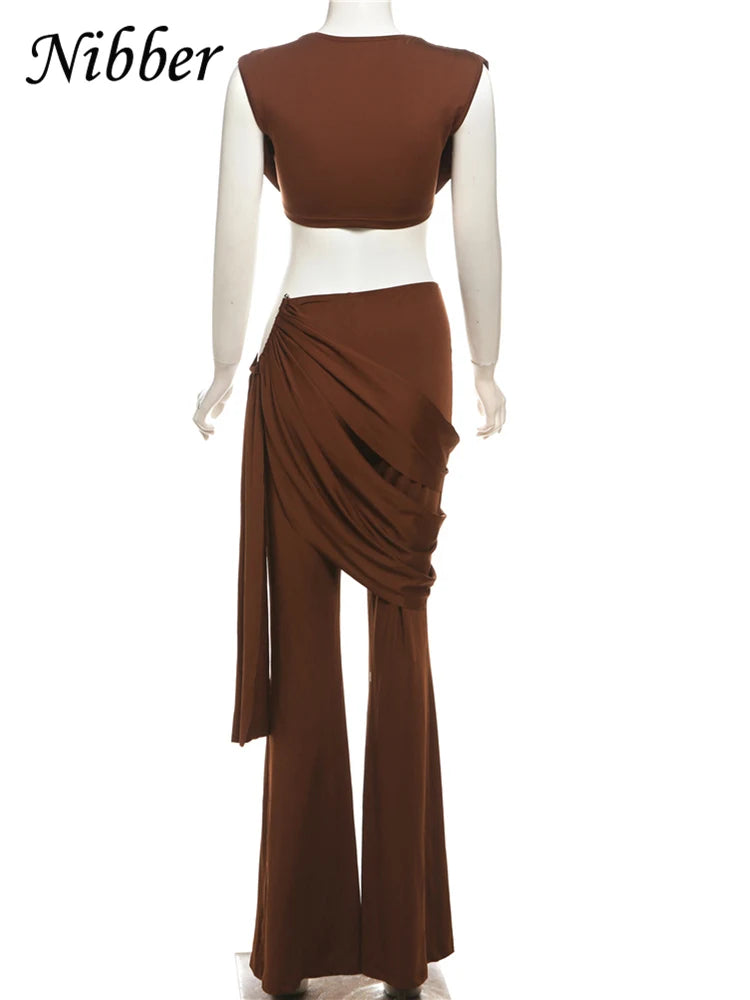 Nibber Pleats Elegant 2 Piece Set Women Sexy Low Neck Sleeveless Crop Tops+Irregular Waist Tassel Straight pants Fashion Suit Aviola