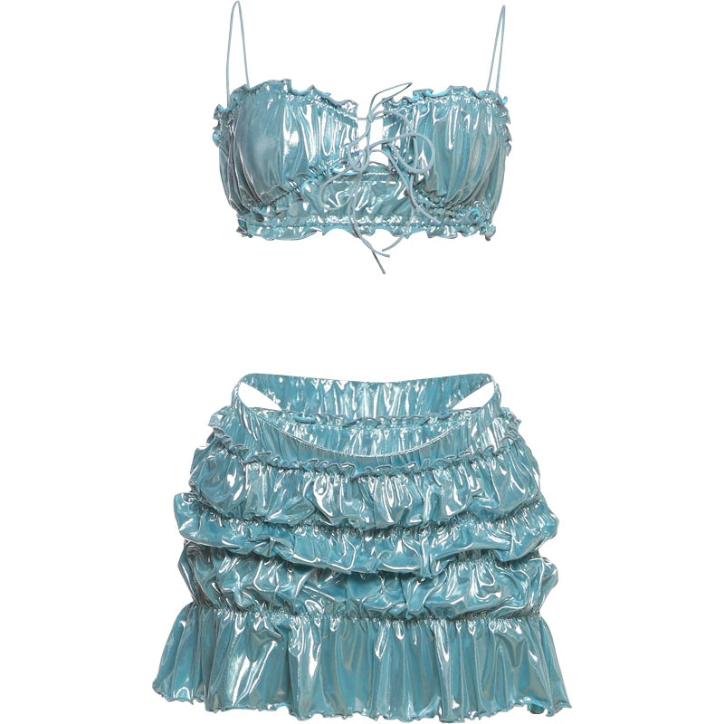 Nibber Silky Beach Style Women 2 Piece Set Y2K Sexy Glitter Strapless Bandage Camisole+Briefs+Ruched Ruffles Skirts Clubwear Aviola