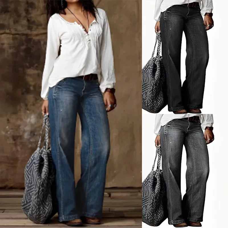 Women Jeans Wide Leg Pants Ankle Length Washing Denim Distressed Pockets High Waist Casual Loose Solid Spliced Summer 2024 Aviola