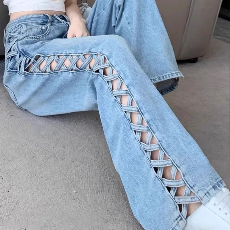 Women Casual Mom Jeans Hollow Out High Waist Trousers Button Zipper Wide Leg Pant Office Lady Loose Spring Club Y2k Streetwear Aviola