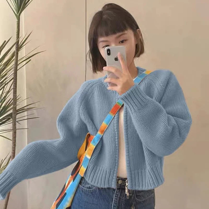 MEXZT Solid Knitted Cardigan Women Sweet Zipper Cropped Sweaters Korean Vintage Casual Knitwear Coat Loose Short Jumpers Jackets Aviola