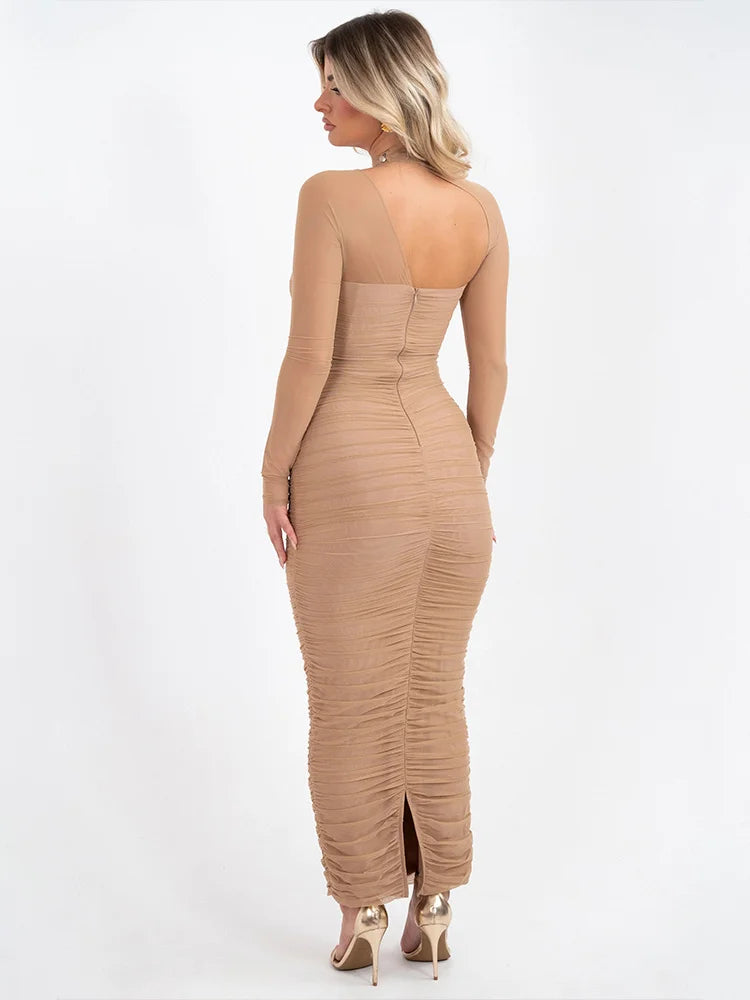 Nibber Mesh Patchwork Women Dress Long Sleeves Elegant Temperament Irregular Diagonal Collar Folds Zipper Stretch Long Bodycon Aviola