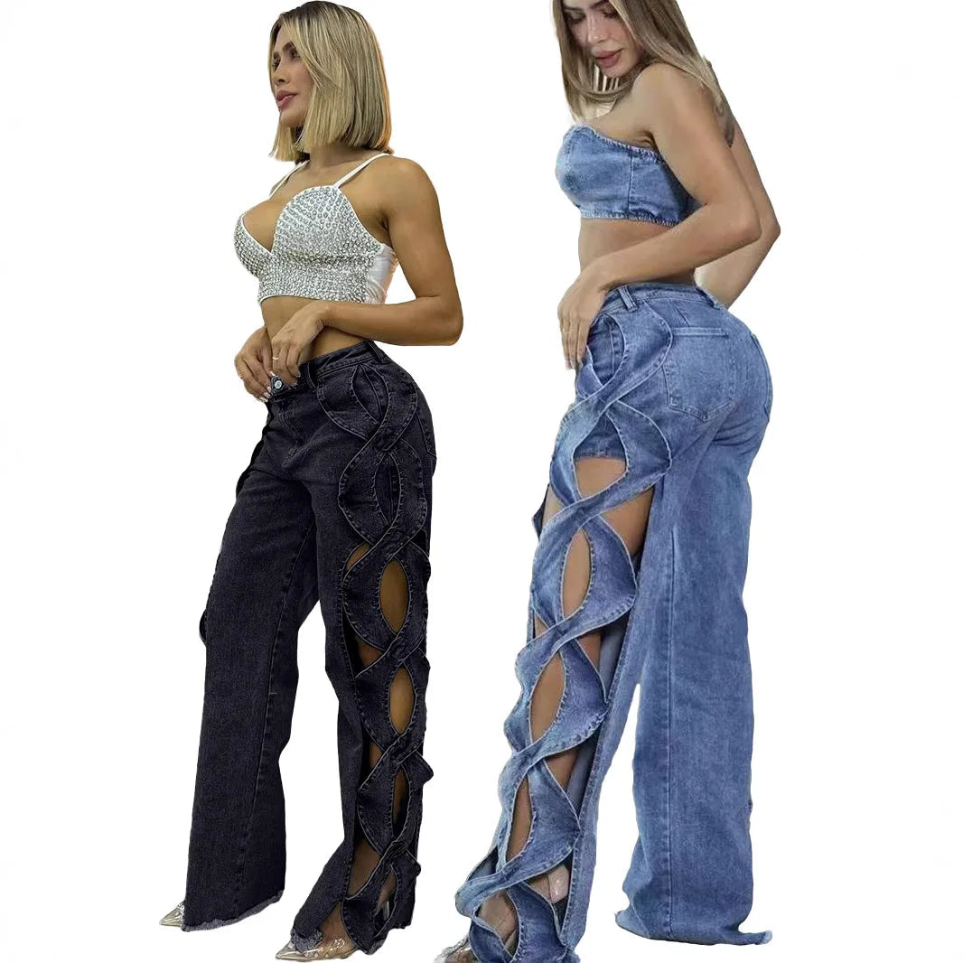 Denim Pant Women Jeans Long Pants Hollowed Out High Waist Straight Trousers Y2k Streetwear Casual Mom Jeans Night Club Summer Aviola