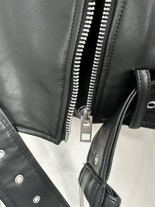 Chaqueta de cuero lavado con cinturón para mujer, abrigo corto con cremallera degradada y cuello vuelto Vintage, chaqueta elegan Aviola