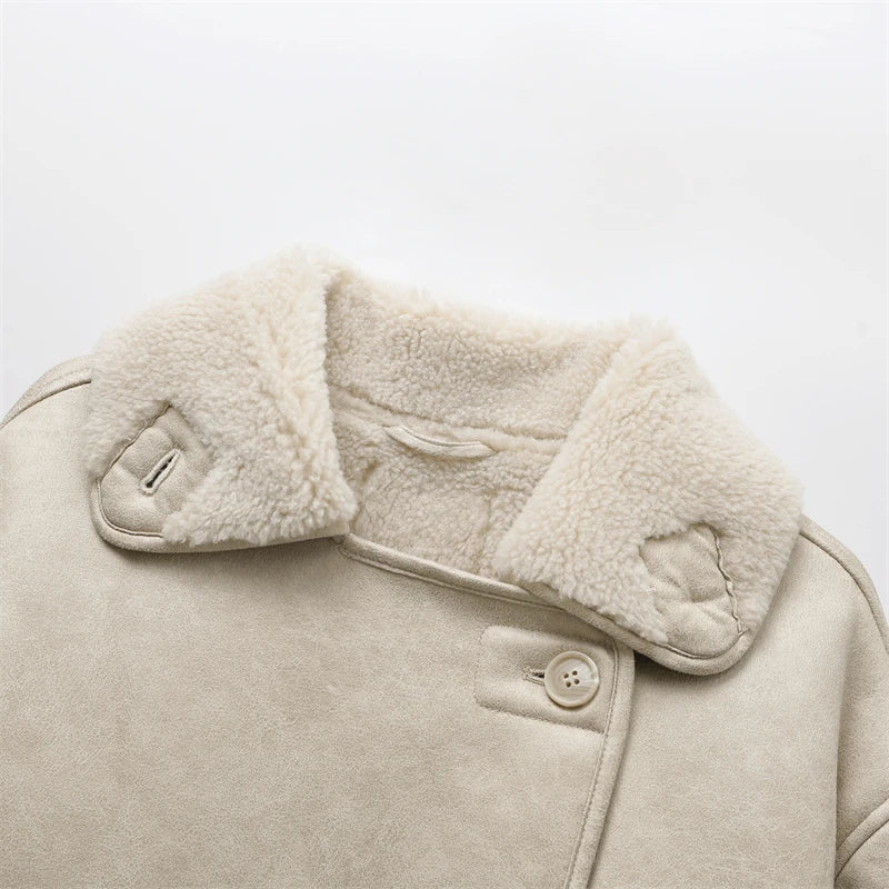 RARF 2025 High Quality Winter Women Vintage Long Sleeve Warm Faux Fleece Jacket Coat Female Casual Solid Pocket Outwear Tops Aviola