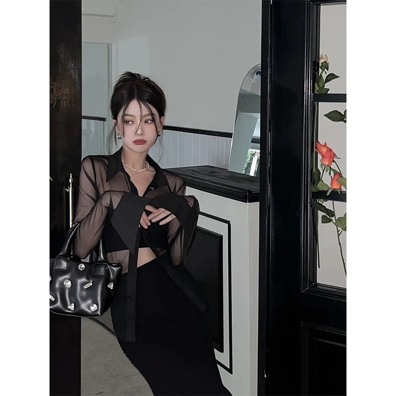 MEXZT Y2K Mesh Sheer Shirts Women Sexy Black See Through Blouses Summer Korean Fashion Aesthetic Long Sleeve Slim Chic Tops New Aviola