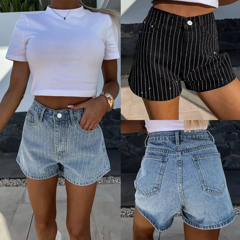 Shorts Denim Pant Women Jeans Short Pants Hot Drilling High Waist Straight Trousers Y2k Streetwear Elegant Mom Jeans Summer 2025 Aviola