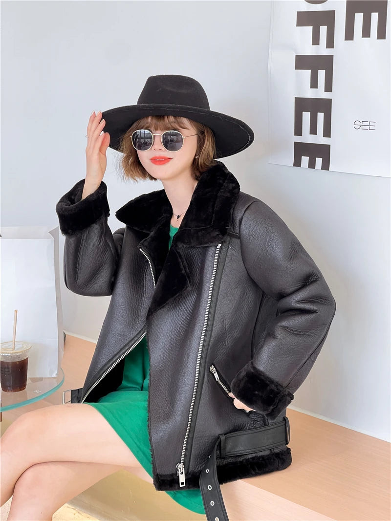 RARF The new  women's jacket with extra thick warm and extra thick lamb feather rider jacket with artificial fur Aviola