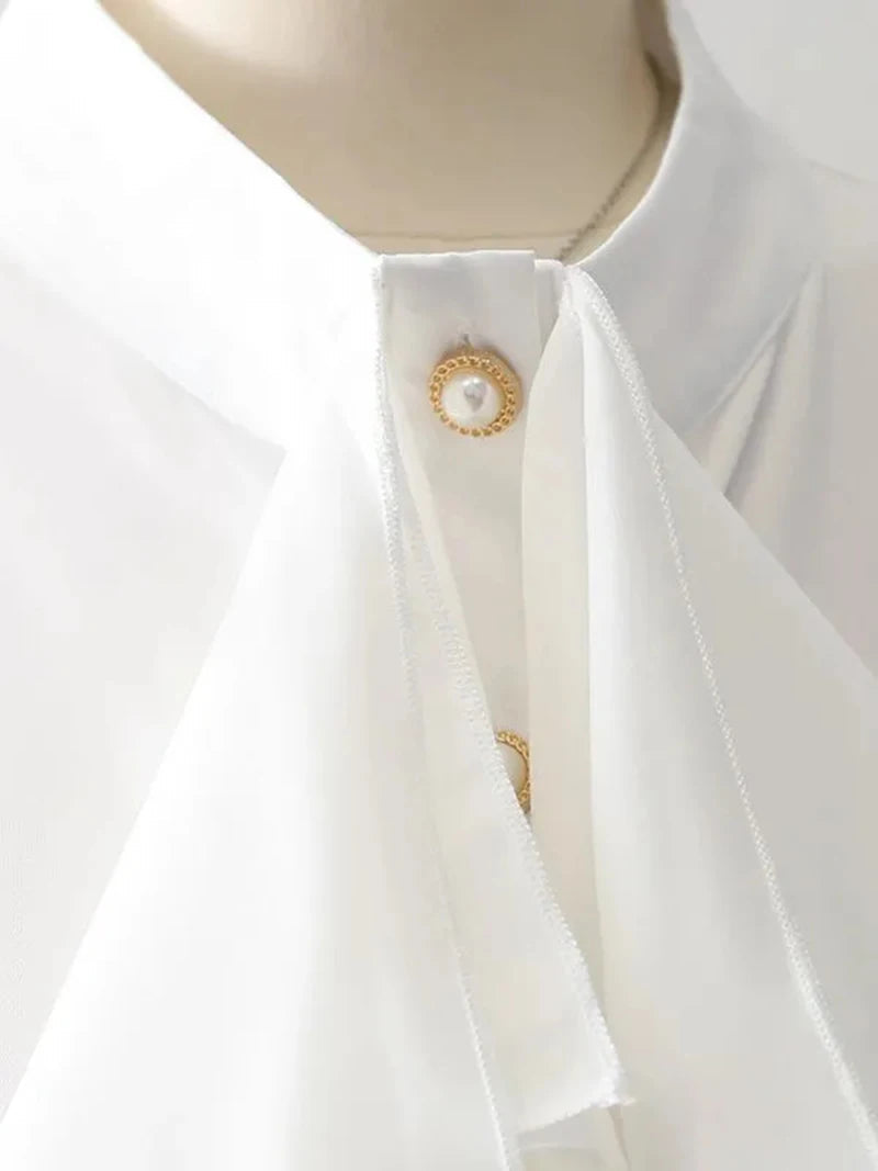 MEXZT Vintage White Shirts Women Elegant Ruffles Flare Long Sleeve Blouses Office Ladies Korean Single Breasted Design Chic Tops Aviola