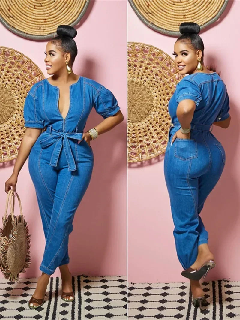 Sexy Denim Jumpsuit for Women Lace-up Pencil Pant Jeans Short Sleeve Sashes Long Rompers Playsuits One Piece Overalls Outfits Aviola