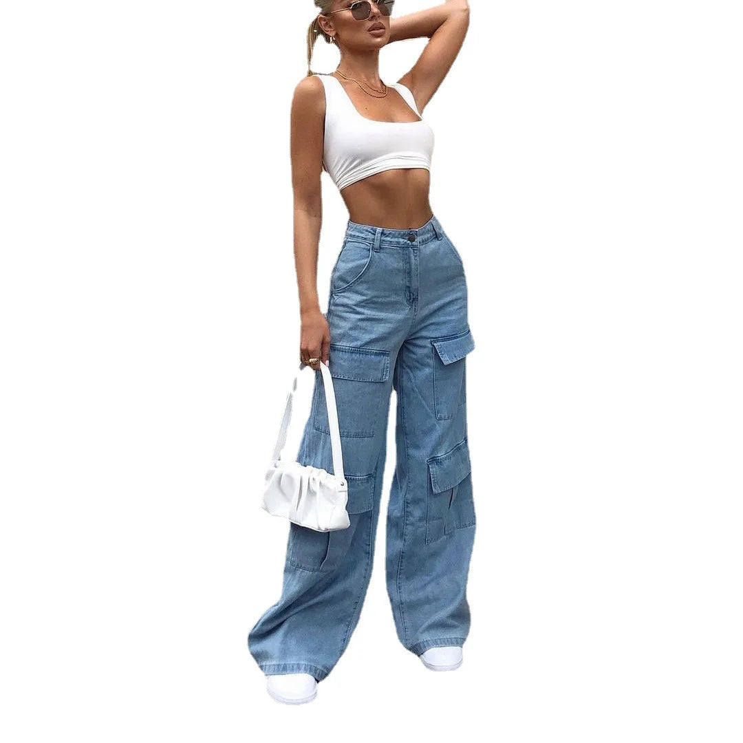 Women Jeans Wide Leg Pants Cargo Denim Ankle Length Mid Waist Washing Zipper Loose Slight Strech High Street Solid Pockets Aviola