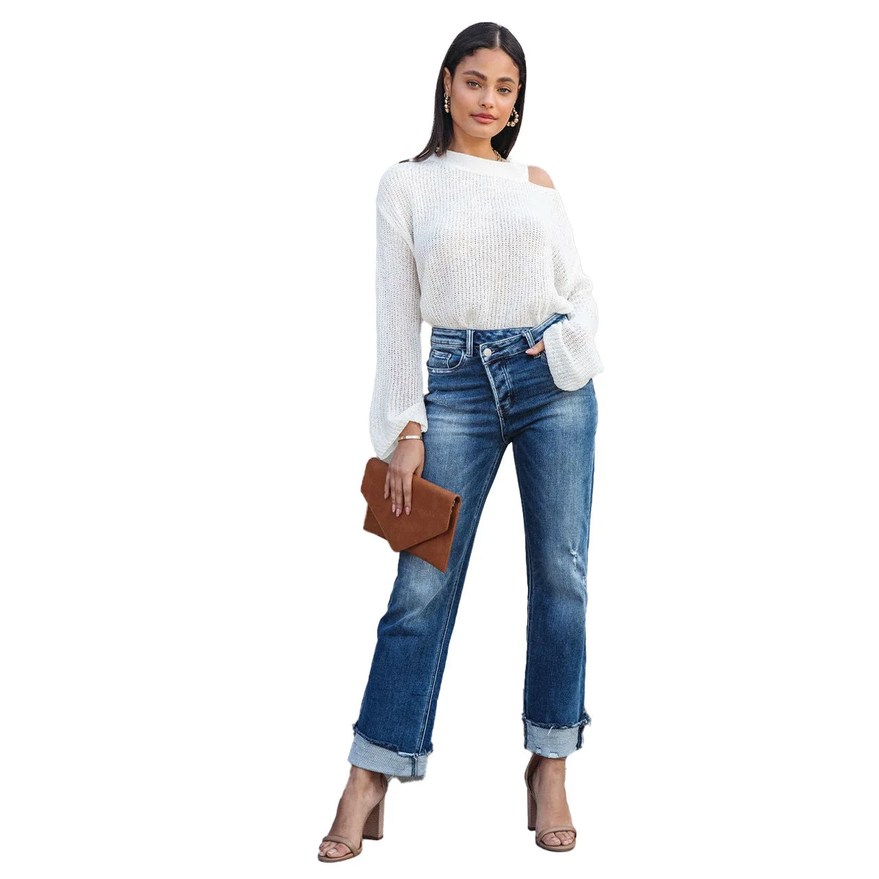 Women Jeans Straight Pants Denim Pockets High Waist Loose Fit Solid Ankle Length Streetwear Distressed Washing Zipper Flat Aviola