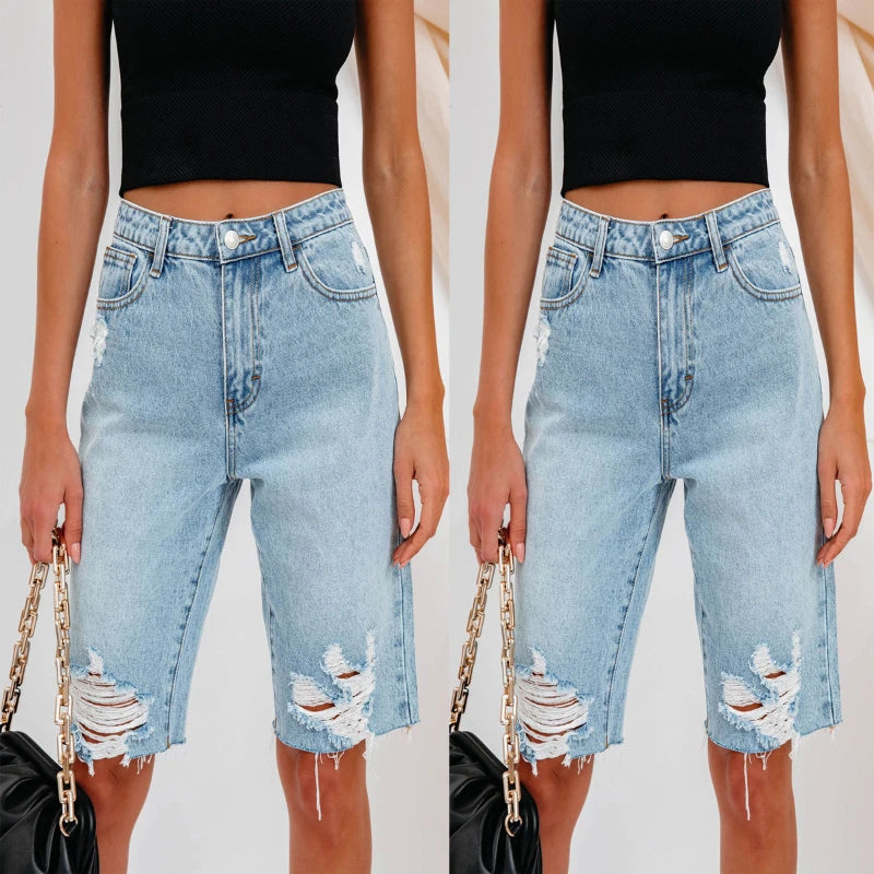 Jeans Denim Pant Women Knee Length Pants Pockets High Waist Casual Straight Trousers Y2k Streetwear Mom Club Summer 2025 Aviola