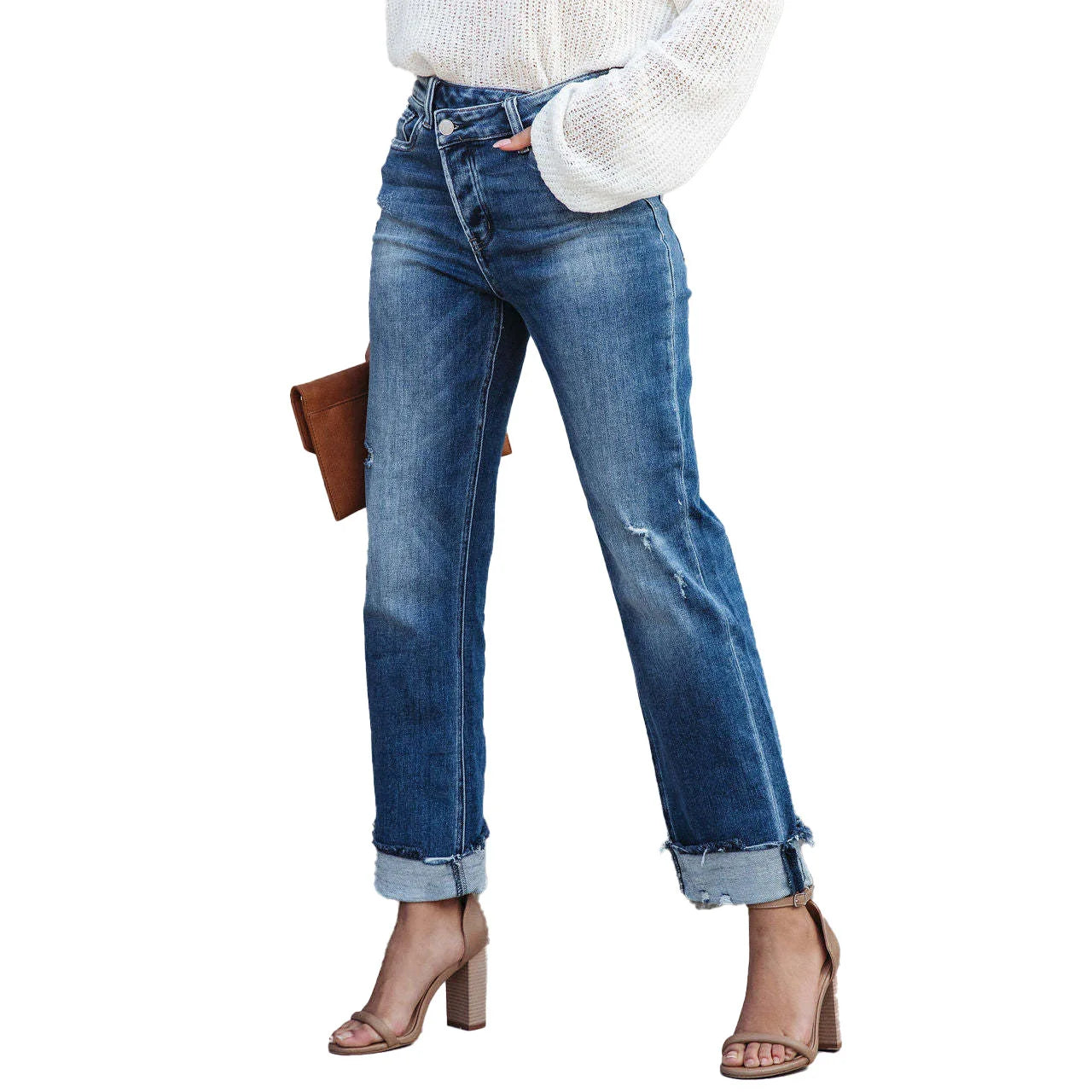 Women Jeans Straight Pants Denim Pockets High Waist Loose Fit Solid Ankle Length Streetwear Distressed Washing Zipper Flat Aviola