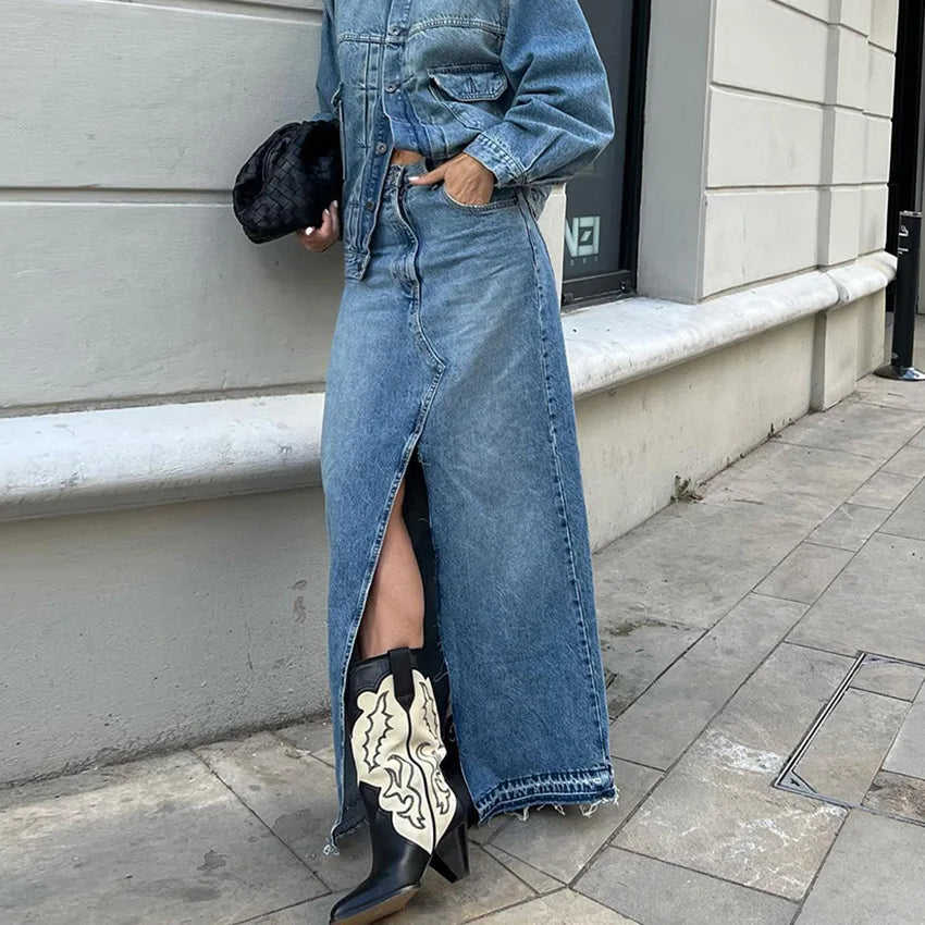 Denim Long Skirt Women Split Skirts Stretch High Waist Pockets Washed Distressed Mom Jeans 2025 Summer Streetwear Vintage A Line Aviola
