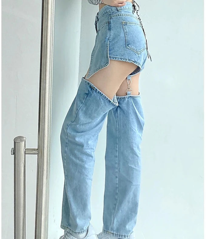 Denim Pant Women Jeans Wide Leg Long Pants Hole Two Fakes High Waist Straight Trousers Y2k Streetwear Elegant Work Summer Aviola