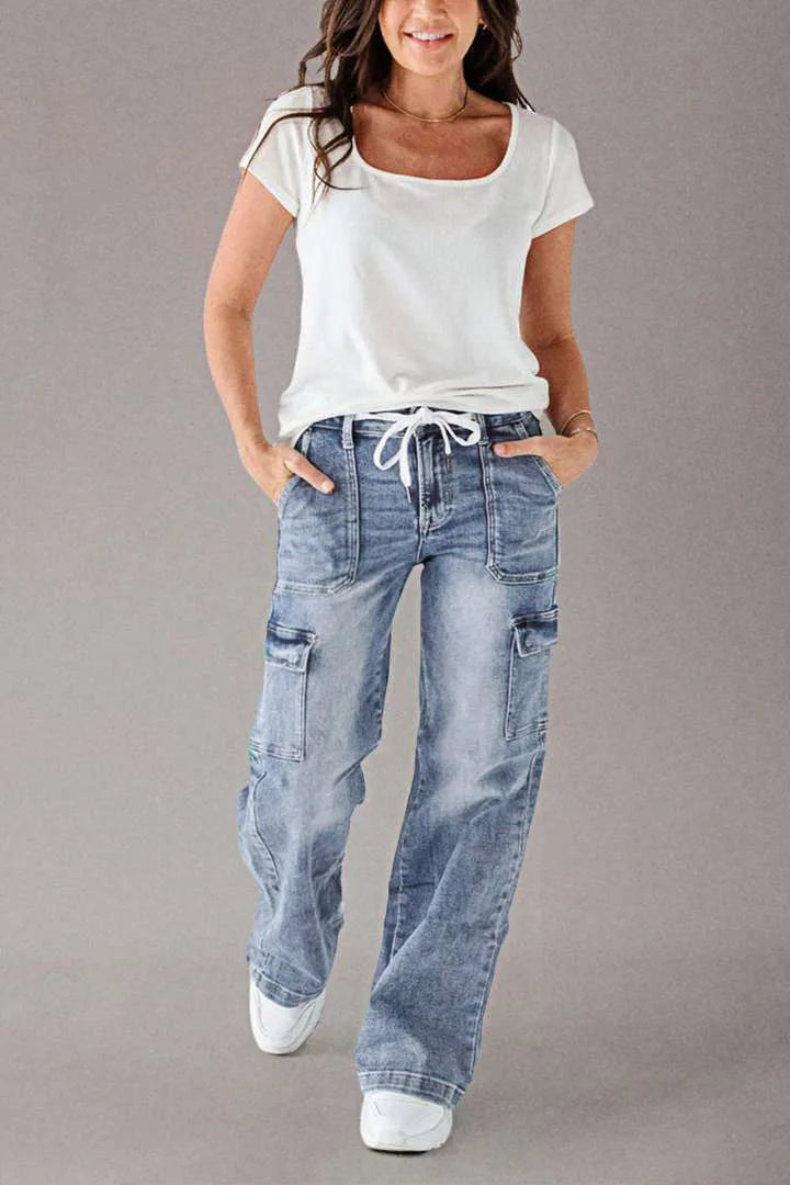 Denim Cargo Pant Women Jeans Long Pants Casual Loose High Waist Straight Trousers Y2k Streetwear Elegant Punk Mom Work 2025 Aviola