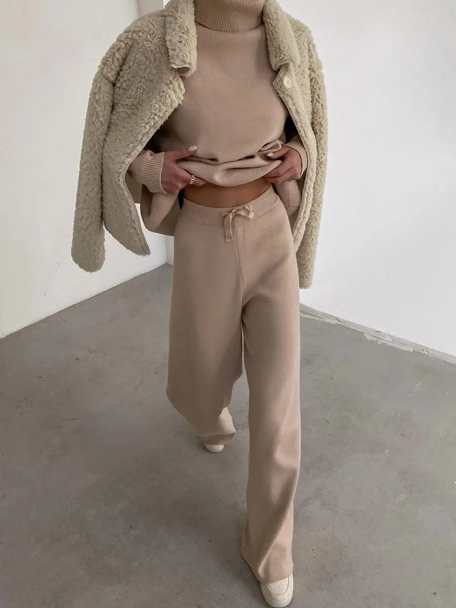 Women Tracksuit Two Pieces Set Long Sleeve Turtleneck Pullover Solid Color Hoodies Wide Leg Pants Drawstring Autumn Casual 2023 Aviola