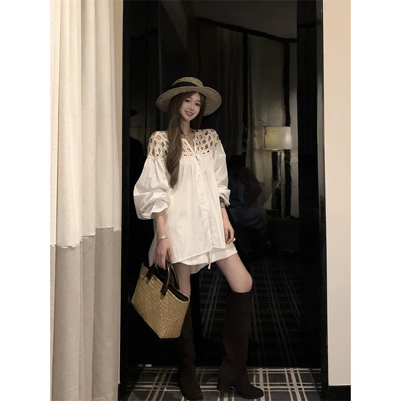 MEXZT Vintage White Shirts Women Streetwear Hollow Out Oversized Blouses Summer Ladies Korean Lantern Long Sleeve Casual Tops Aviola