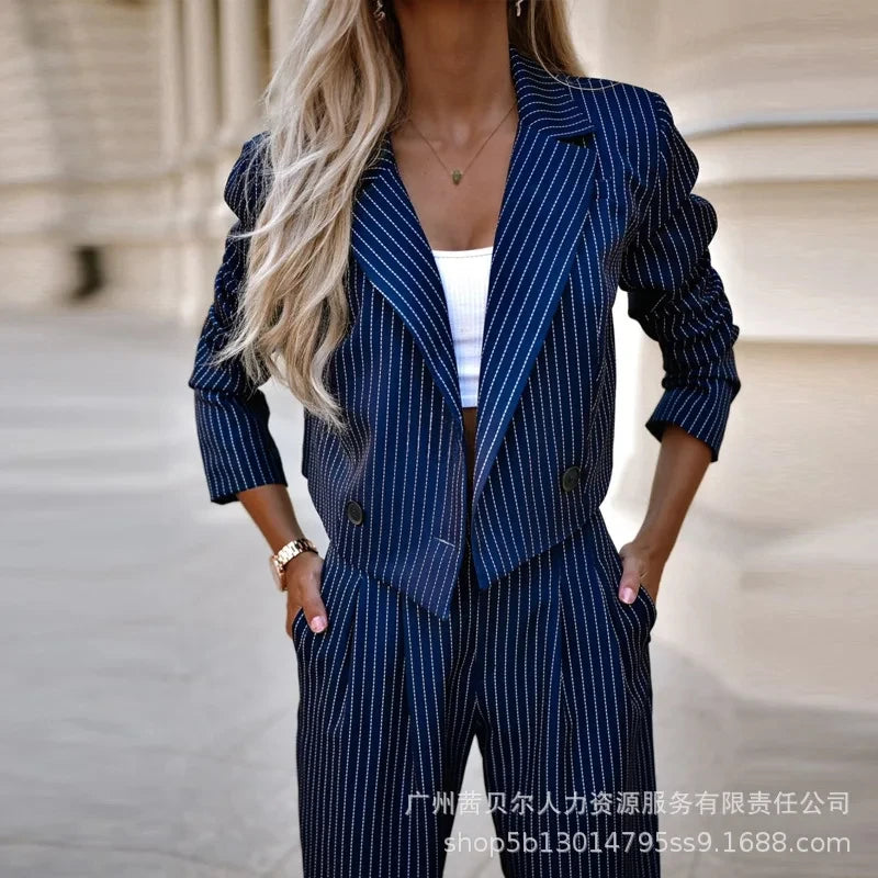 Women Tracksuit Two Pieces Set Long Sleeve Turn Down Collar Cardigan Wide Leg Pants Loose Fit Pockets Striped Office Lady Aviola