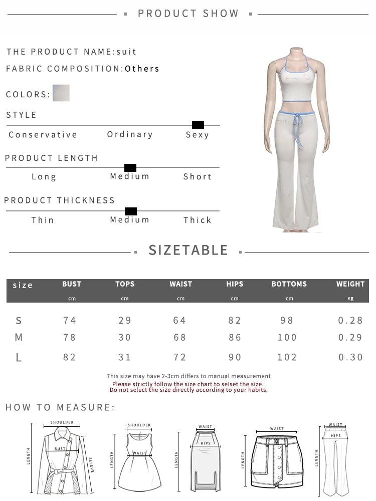 Nibber Fad Casual Letter Print 2 Piece Set Women Halter Bandage Crop Tops+Drawstring Stretch Flare Pants Vacation Simple Suits Aviola