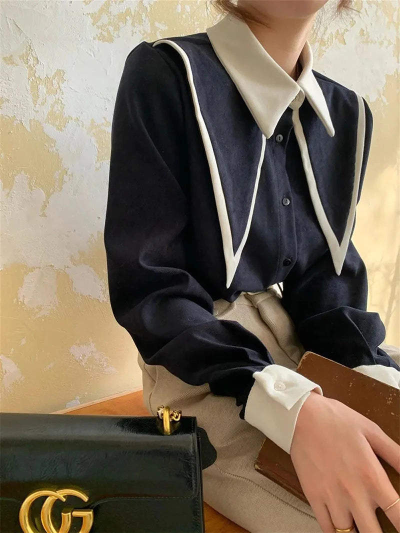 MEXZT Vintage Elegant Shirts Women Chiffon Patchwork Ruffle Turn Down Collar Long Sleeve Blouse Korean Office Lady Loose Tops Aviola