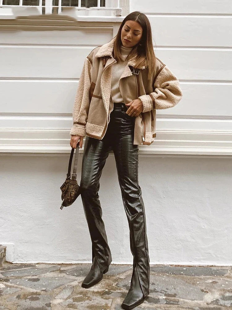 RARF 2025 Autumn Winter Women Warm Faux Fur Fleece Coat Jacket Female Loose Patchwork Thickened Locomotive Lapel Chic Outwear Aviola