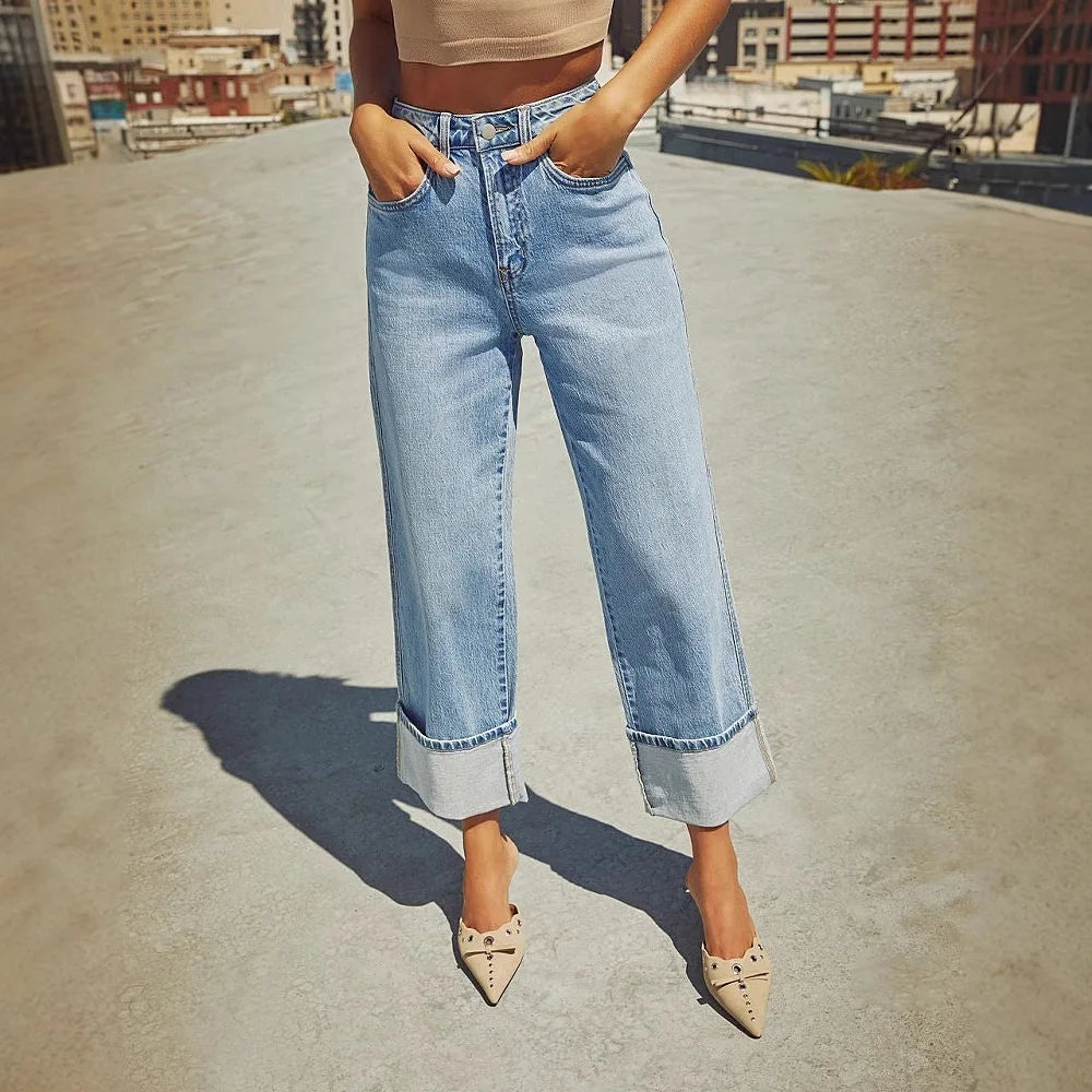 Mom Jeans Women Denim Pant Wide Leg Long Pants Y2k Streetwear High Waist Straight Trousers Elegant Temperament Spring 2025 Aviola