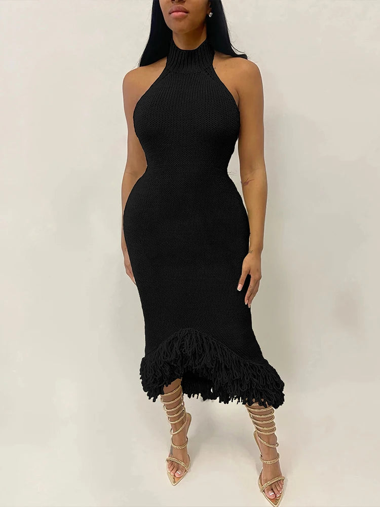 Nibber Knit See Through Women Dress Irregular Backless Sleeveless Halter Sexy Tassel Hem Clubwear Stretch Hipster Party Vestidos Aviola