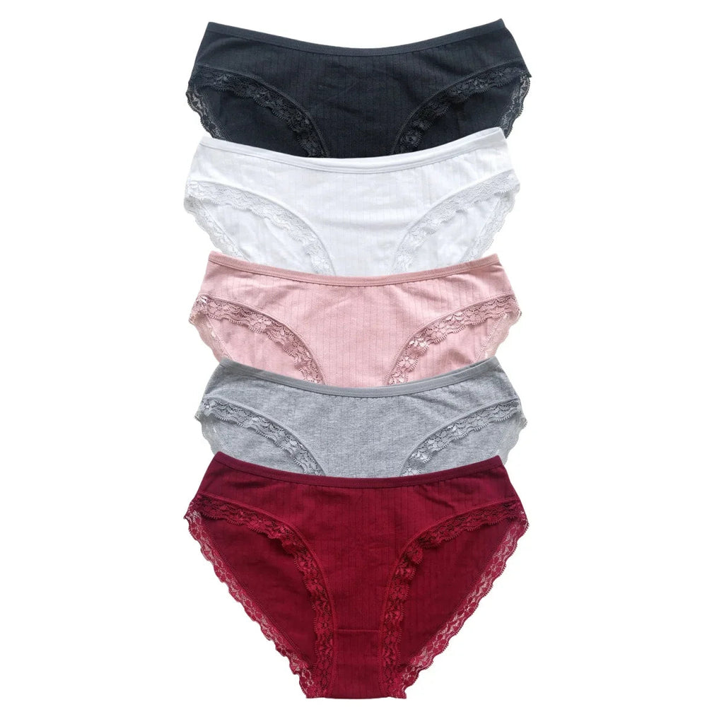 5Pcs/Set Cotton Panties Women Lace Trim Briefs Female Underpants Solid Color Panty Seamless Underwear M-XL Panties Lingerie Aviola